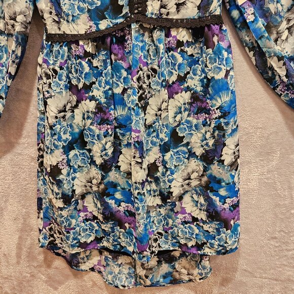 NWT JustFab Dress Womens XS Floral Bright Colorful Side Zip Black Lace Hi Lo Hem - Picture 12 of 16